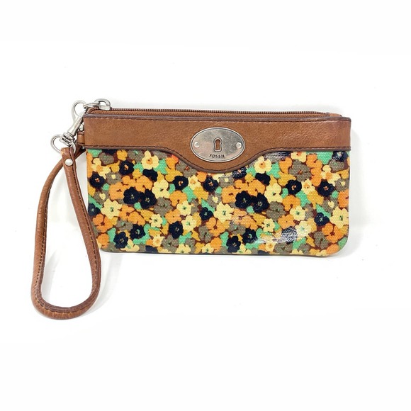 Fossil Handbags - Fossil Key Per Leather Floral Wristlet Wallet Boho Orange Navy